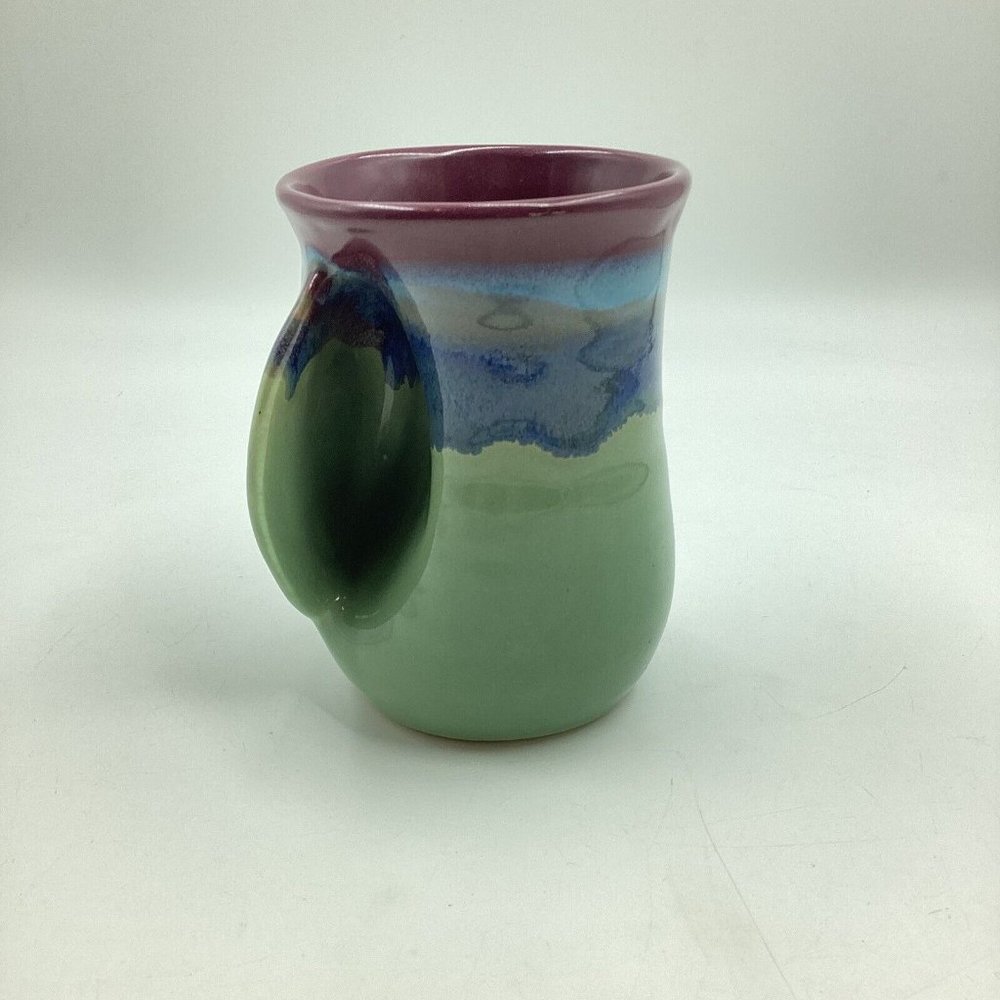 Clay In Motion Neher Pottery Left Handed Hand Warmer Mug Green Pink Signed 2019